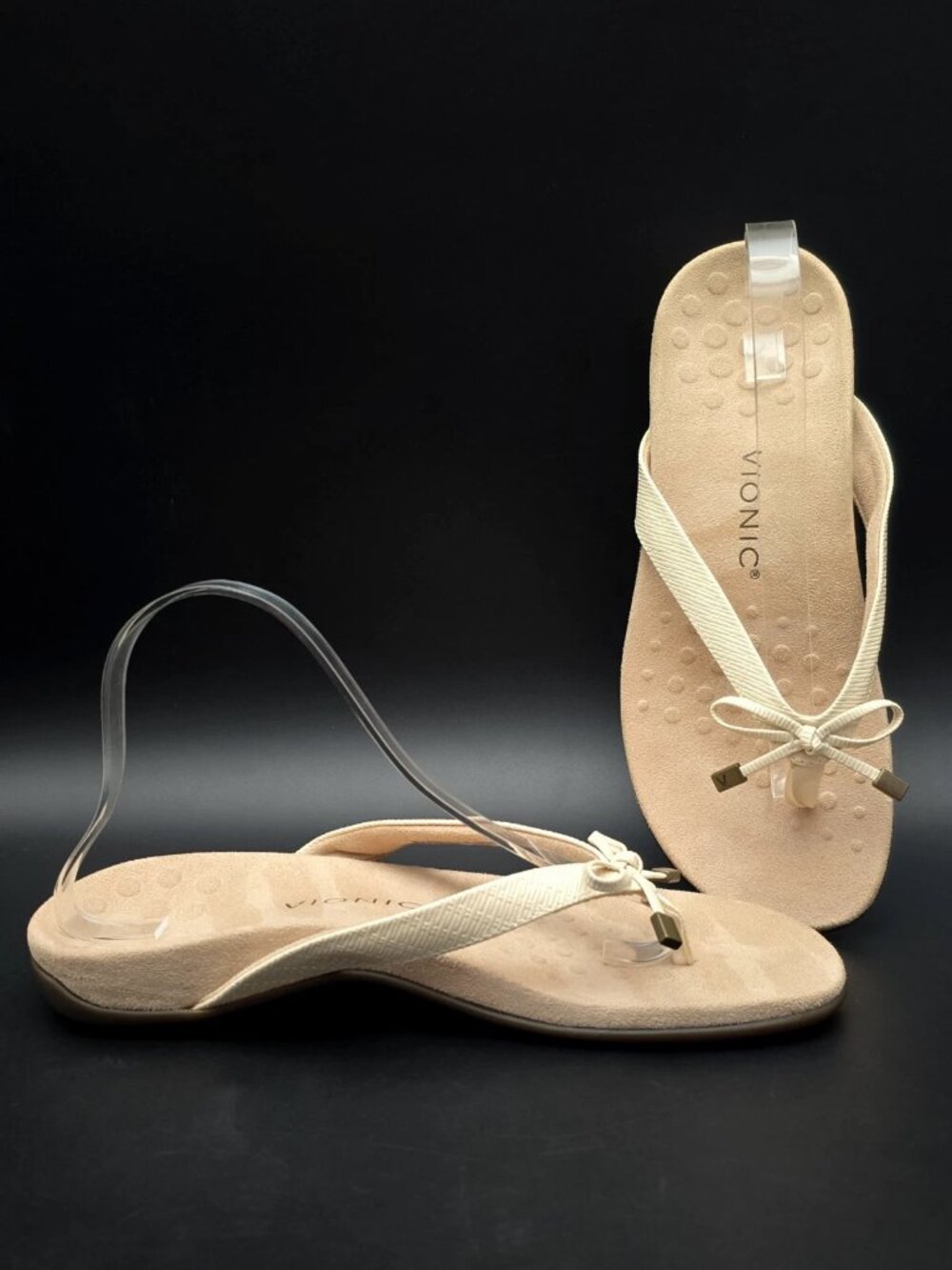 Vionic Bella II Cream Patent Bow Flip Flop Orthotic Sandals Women's Size 9.5